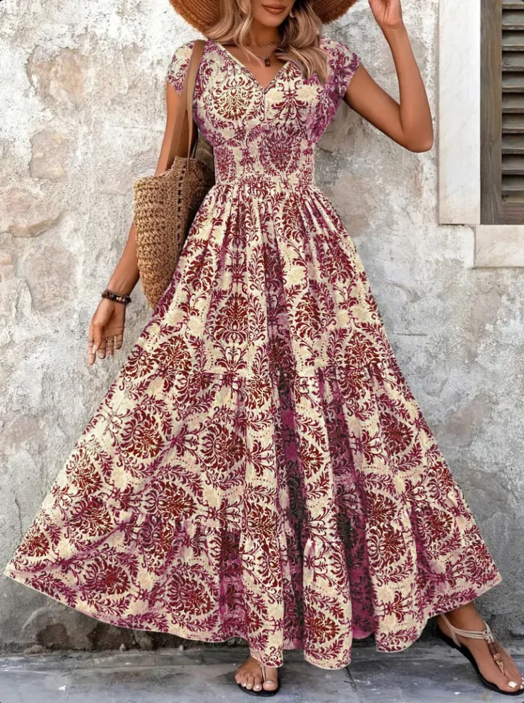 2026 Vintage Printed Dress Fashionable and Elegant V-Neck Short-Sleeved Jumpsuit Long Skirt Women's Clothing 5