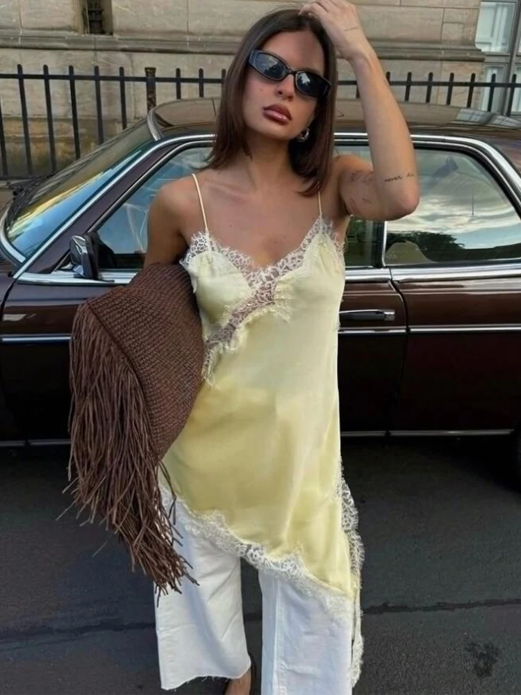 Satin Sexy Lace Spliced Short Sling Dress Women Sleeveless Backless Asymmetric Sexy Party Dresses 2026 Summer Lady Dress ﻿ 5