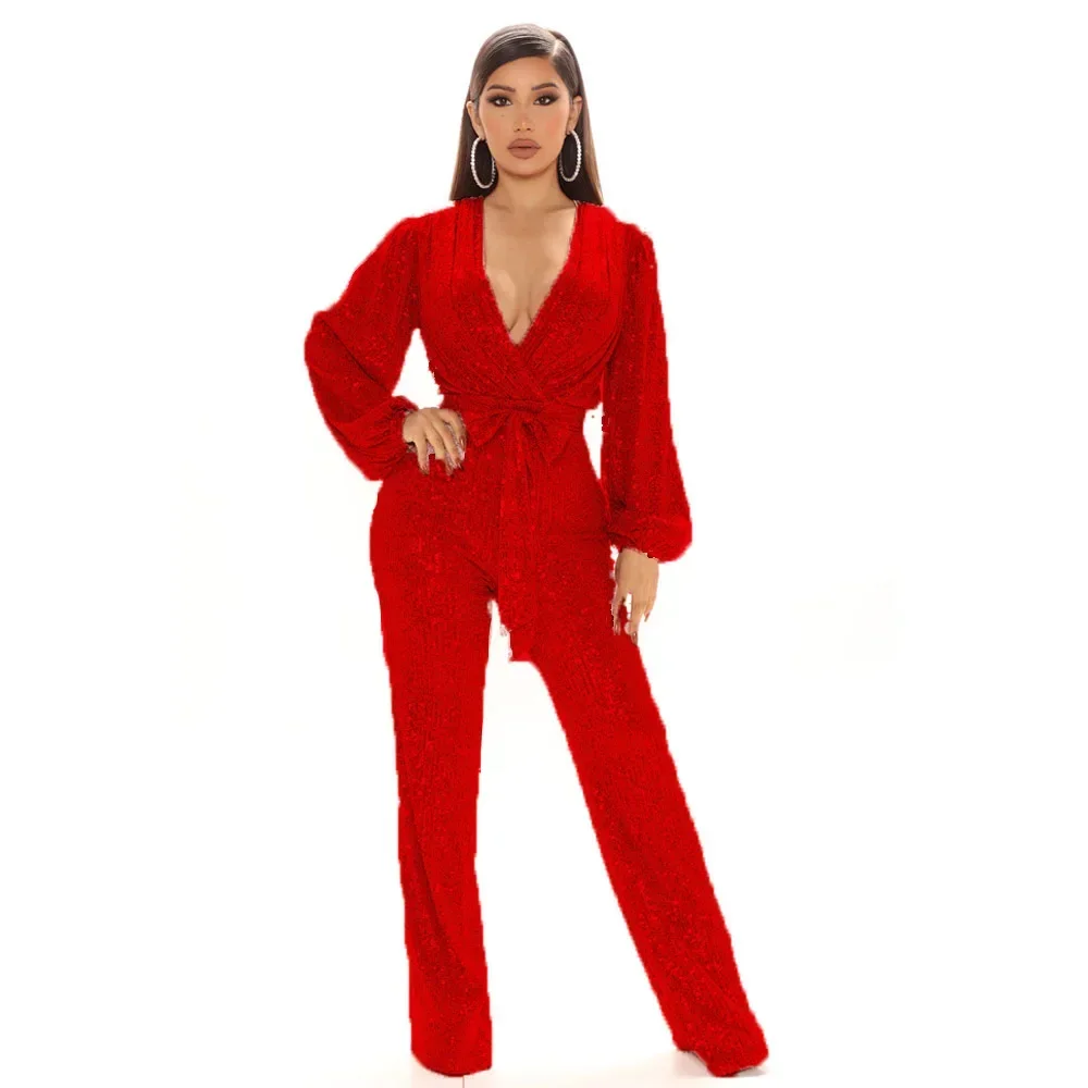 New Fashion Sequins Jumpsuit For Women Long Sleeve V Neck Draped Autumn Winter Rompers Celebrity Evening Party Club Overall 4