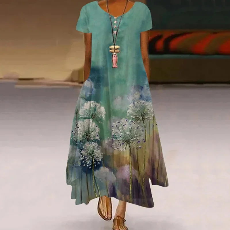 Women's Fashionable Dandelion Short Sleeved Dress Summer Casual Print Long Dress 2