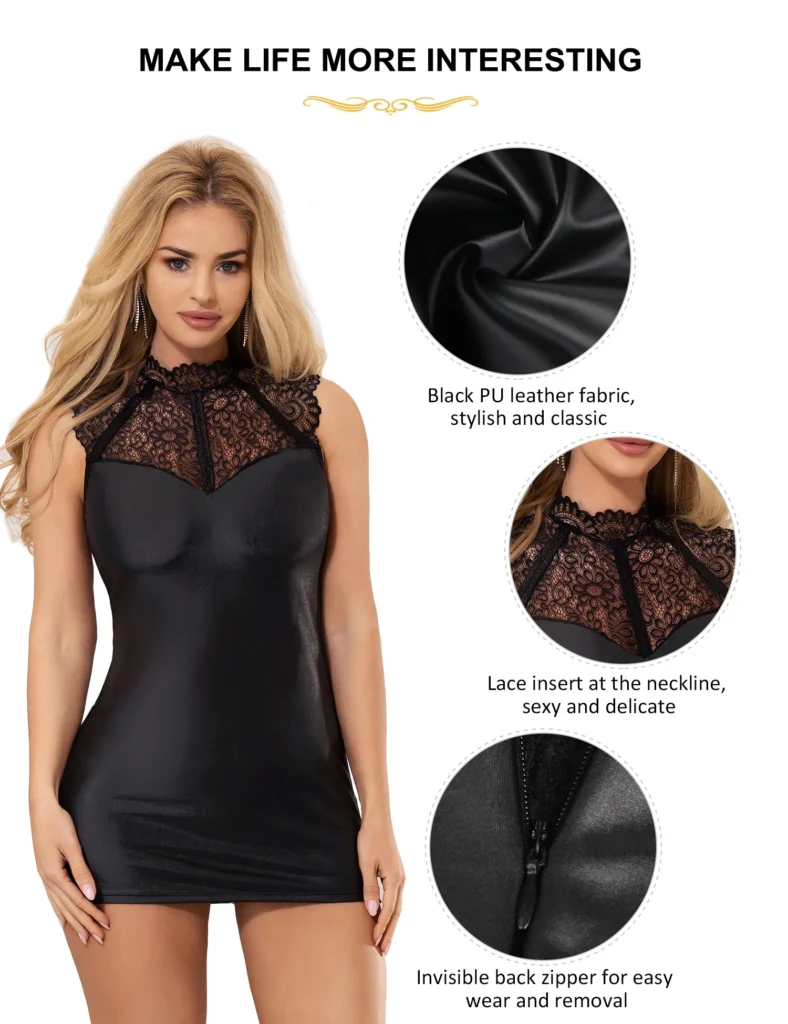 Comeondear Plus Size Women Dress Outfit Wetlook Cocktail Sleeveless Faux Leather Party Mini Club Latex Bodycon Babydoll Lingerie 6