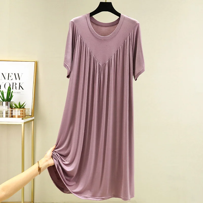 Loose plus Size Sp Dr Modal Women's Summer Thin Home Gown Skirt Sle round Ne ort Sve Long Dr Korean Sle 4