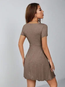 Lettuce Trim Drawstring Knot Front Summer Women Outfit Black Dress, Summer Dresses Spring Clothes, Women