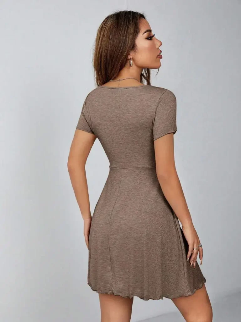 Lettuce Trim Drawstring Knot Front Summer Women Outfit Black Dress, Summer Dresses Spring Clothes, Women 1