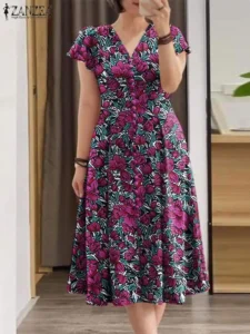 ZANZEA Elegant Women Floral Print Midi Dress Summer Casual Cinched Waist V Neck Party Vestidos Fashion Ruffles Short Sleeve Robe