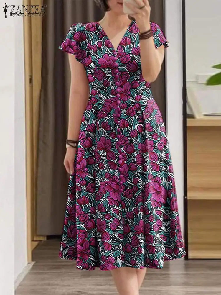 ZANZEA Elegant Women Floral Print Midi Dress Summer Casual Cinched Waist V Neck Party Vestidos Fashion Ruffles Short Sleeve Robe 1