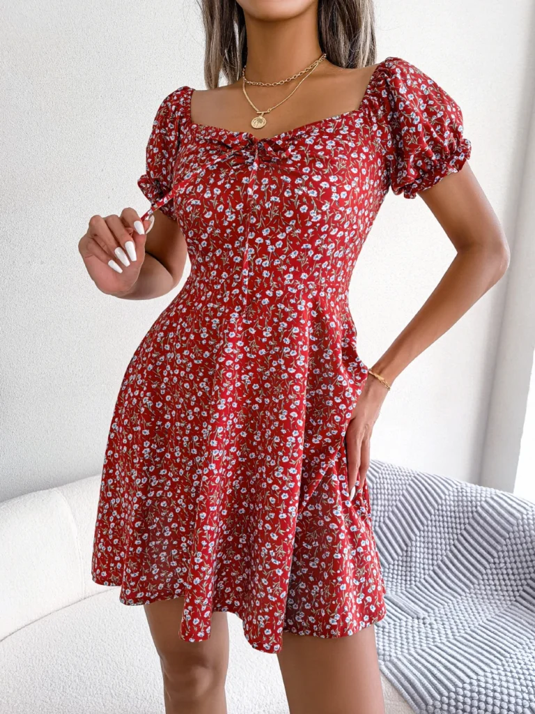 Women Casual Square Neck Flare Short Sleeve Floral Dress Elegant A Line Dress for Spring Summer 2026 Fashion Woman Clothing 6
