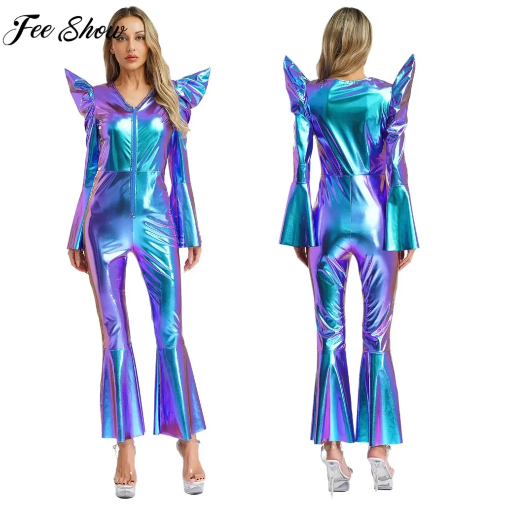 Women 70s Disco Hippie Cosplay Costume Long Sleeve Metallic Shiny Bell-bottom Jumpsuit Clubwear for Halloween Carnival Party 1