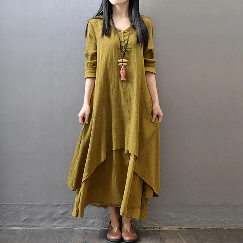 Spring Autumn Women Maxi Dresses Casual Full Sleeve Bohe Cotton Women'S Casual Fashion Loose Long With Button Solid Color Dresse 5