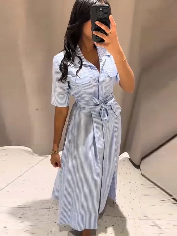 Elegant Women's Striped Long Dress Summer Lace Up Turn-Down Collar Single-breasted Blue A-line Dresses 2026 Lady Holiday Robes 1