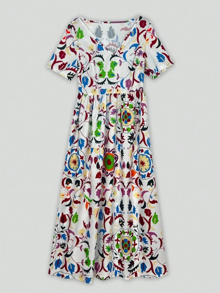 Bohemian Maxi Dress for Women Floral Print V Neck Short Sleeve Loose Waist Swing Long Summer Casual Dress 3