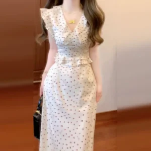Elegant Chinese Style V-Neck Midi Dress Women Summer Slim Fit Knee-Length Polka Dot Fish Tail Dress High Waist Knitted Cotton