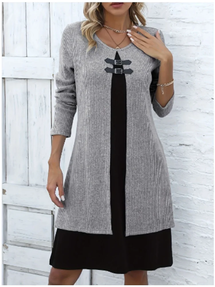 Women's One Piece Color Blocked Round Neck Dress Lady Long Sleeved  Button Up Dress Autumn Casual Elegant Dress 6