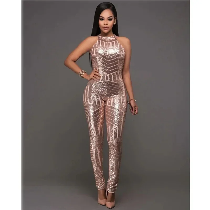 sexy Gold sequin jumpsuit mesh Romper Summer Women Glitter Halter Open Back Party bodycon jumpsuit body ladies Overalls Clubwear 6