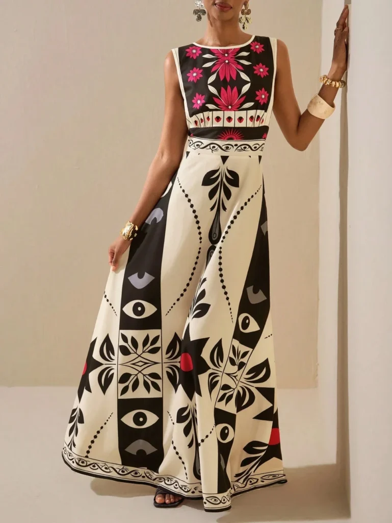 Elegant Red Floral Tribal Sleeveless Dress High Waist A Line Maxi Gown, For Wedding Guest Evening Party Vacation Outfits 5