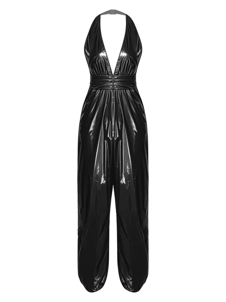 Womens Wet Look Halter Jumpsuit Deep V Ruched Waist Wide Leg Jumpsuit Glossy Water Resistant Back Zipper Side Split Rompers 4