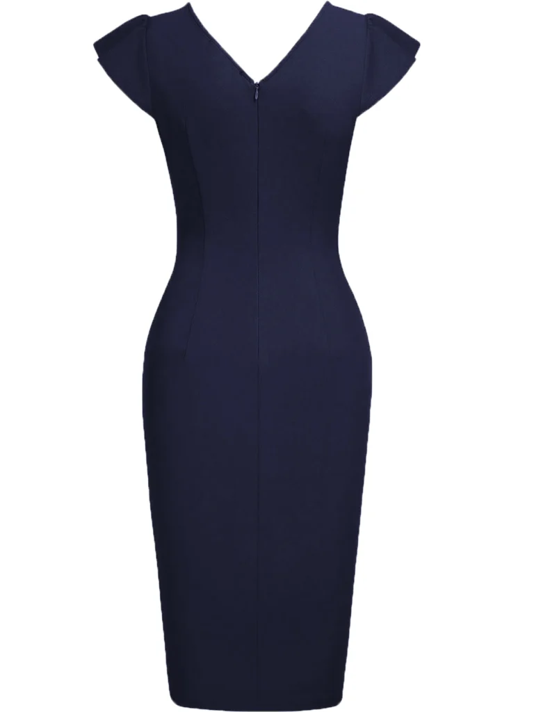 Women's Elegant V-Neck Short Sleeve Summer Cocktail Evening Party Knee-Length Dress Pleat Bodycon Robe Vestido 4
