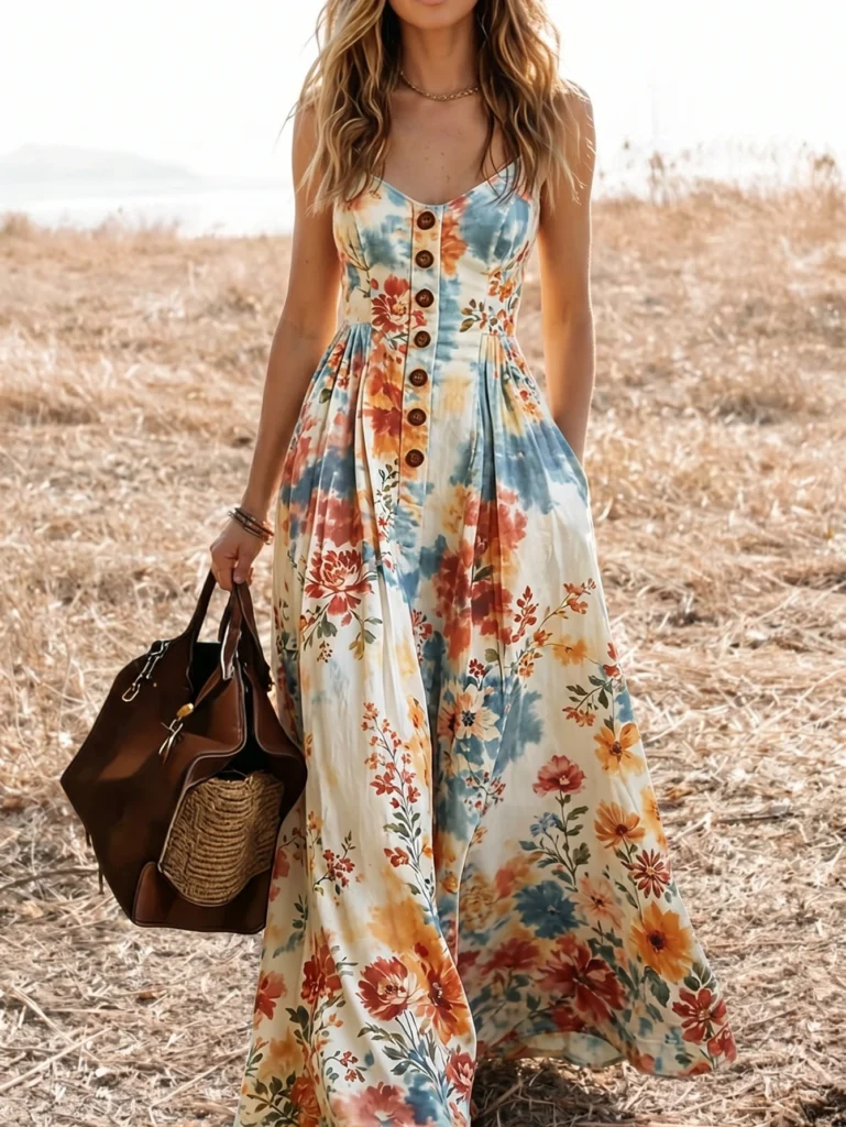 Women V Neck Spaghetti Strap Floral Print Maxi Dress Button Front A Line Flowy Dress For Casual Holiday Occasion 1