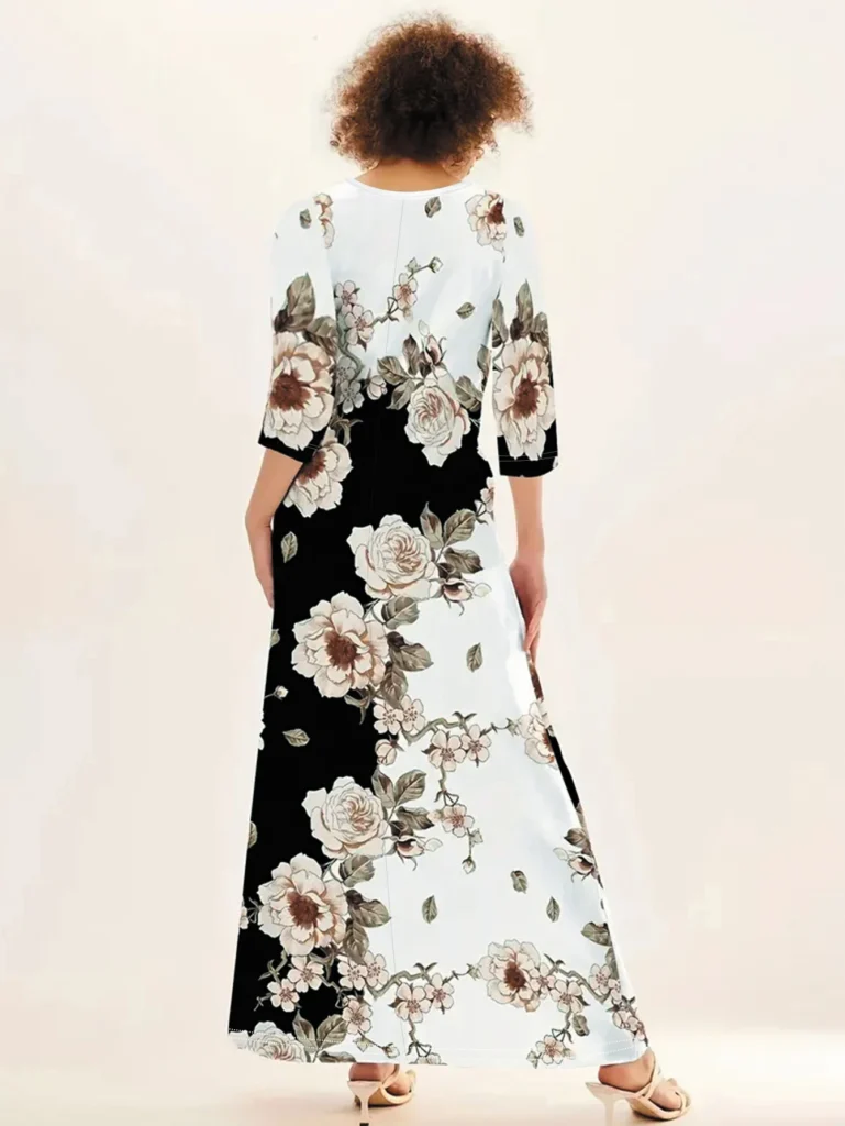 Women's Casual Dress, Plus Size  Print Half Sleeve Round Neck Maxi Dress With Pockets 2