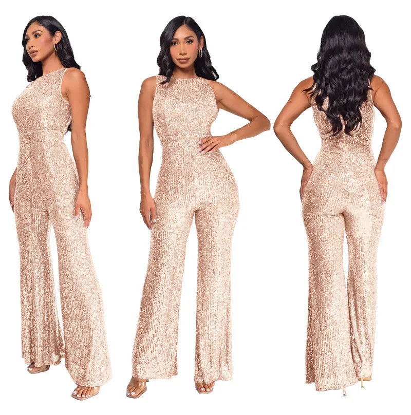 Bling Bling Sequined Club Jumpsuit Sexy Women O-neck Elegant Shiny Sliver Gold Sequins Straight Romper Overalls 2