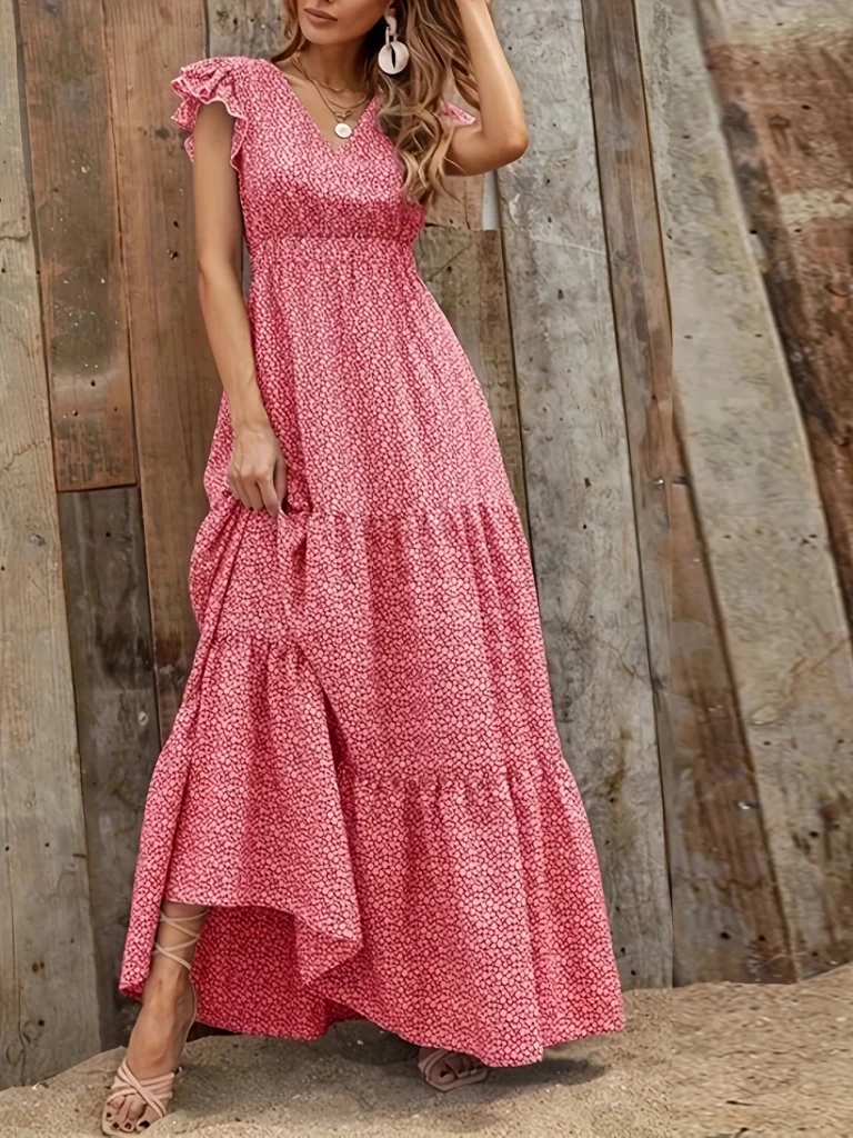 Summer new green floral dress with flying sleeves, V-neck, waist cinched, vacation style, elegant long skirt 3