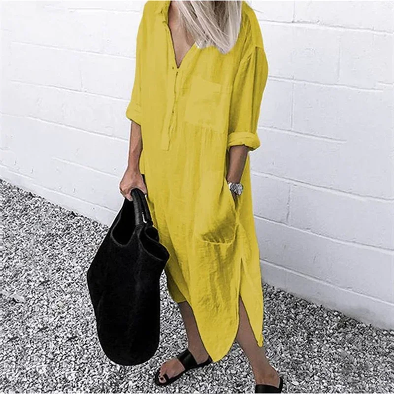 Women Elegant Cotton Linen Solid Color Dresses Summer Comfortable Female Casual Commuter Dress Multi-pocket Split Hem Loose Gown 6