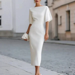 Women Boat Neck Short Sleeve Midi Bodycon Dress Elegant Formal Office Wedding Guest Pencil Dress