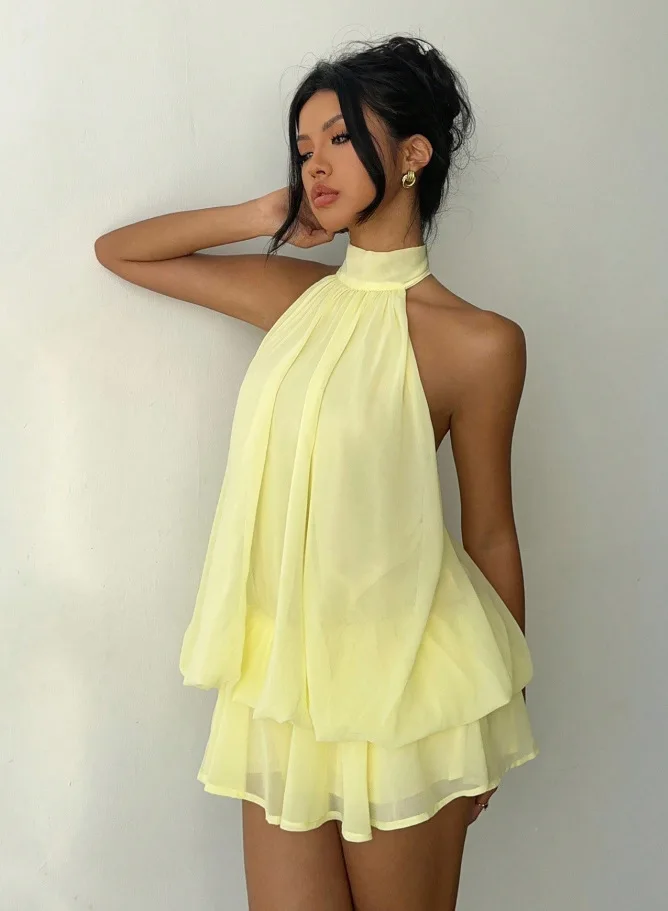 Women's Vacation Slim Fit Fashion Sexy Backless Halter Tie Waist Versatile Solid Color Dress, Stylish and Comfortable Summer 2