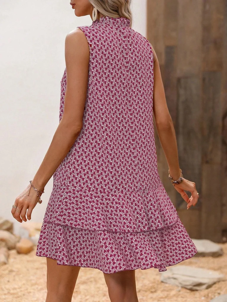 Women's Geometric Print Bow Dress, Casual Fitted Woven Dress, All-Seasons Wear, MultiLayered Cake Skirt Design, Summer 2