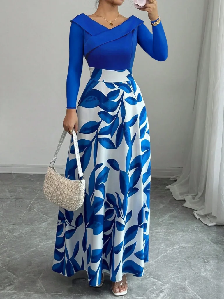 Women's Blue White Floral Maxi Dress Asymmetric Neckline Color Block Design Ideal for Evening Events Garden Parties Elegant Styl 4