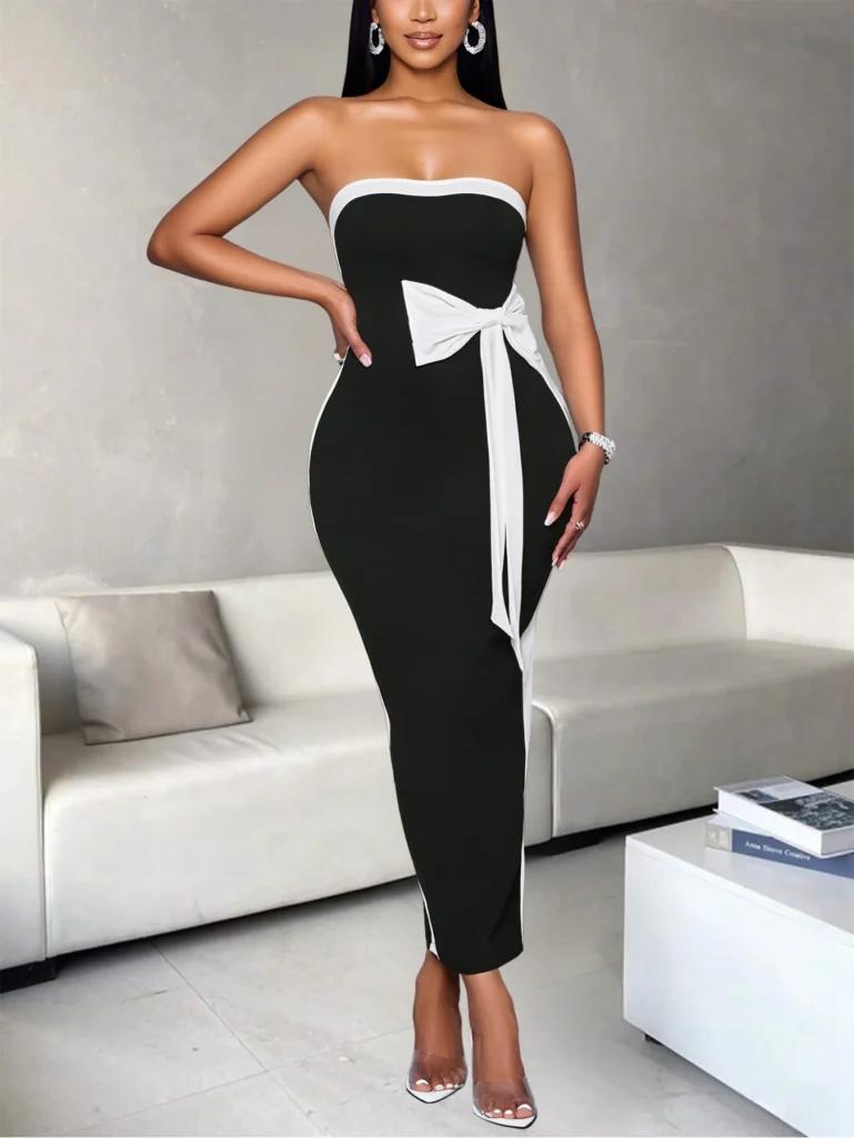 Ladies Fashion Elegant Color Block Knot Design One Shoulder Dress Stylish Graceful Versatile Butterfly Bow Dress for Women 4