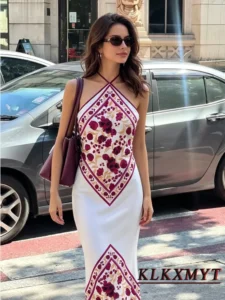 Women Sexy Slim Sleeveless Backless Long Dress Fashion Elegant Lace Up Hanging Neck Collar Dress Summer Autumn Vacation Dresses
