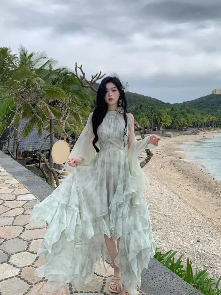 Beachside Fairylike Off-Shoulder Dress Irregular Hem Blue Floral Print Vacation Atmosphere High Waist Gauze Skirt Women's Fas... 2