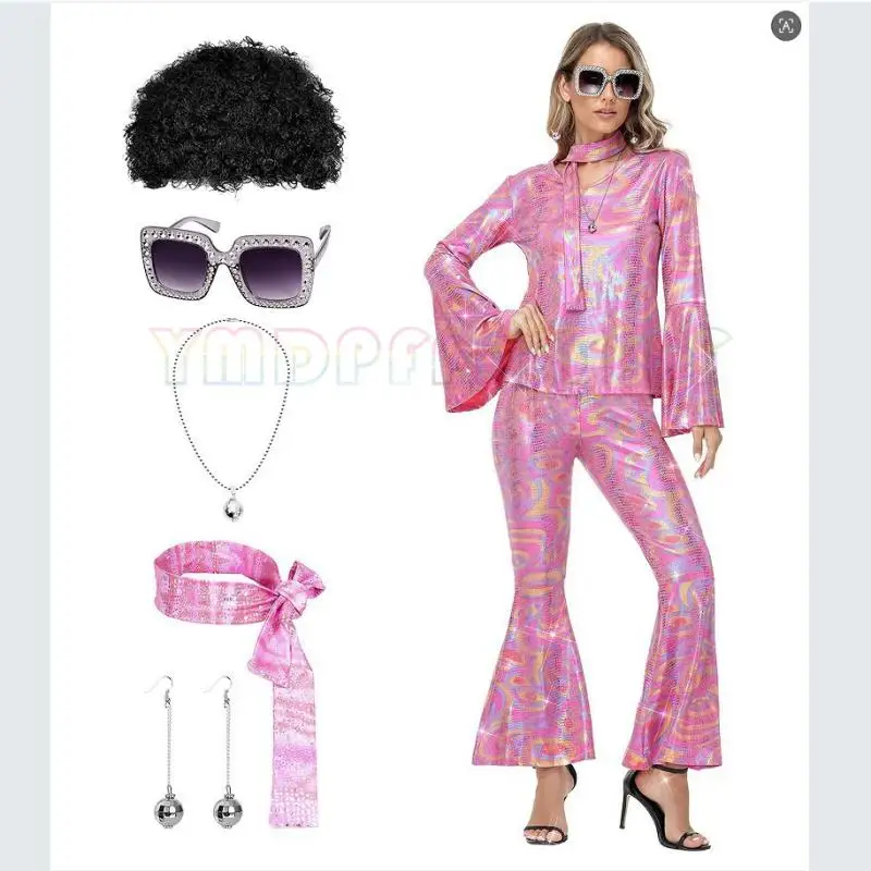 Women's Halloween Disco Party 70s Women's Disco Costume Set Top Pants Sunglasses Necklace Earrings Wig Cosplay Set 10 Color Sele 3