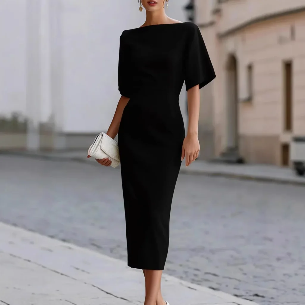 Women Boat Neck Short Sleeve Midi Bodycon Dress Elegant Formal Office Wedding Guest Pencil Dress 5