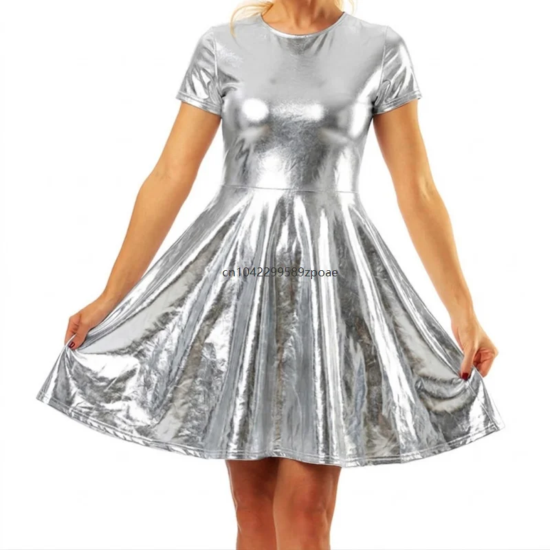 Metallic Shiny Short Sleeve Round Neck Skater Mini Dress Laser Rainbow Silver Purple Flared Swing Costume Party Club Night Dress 4