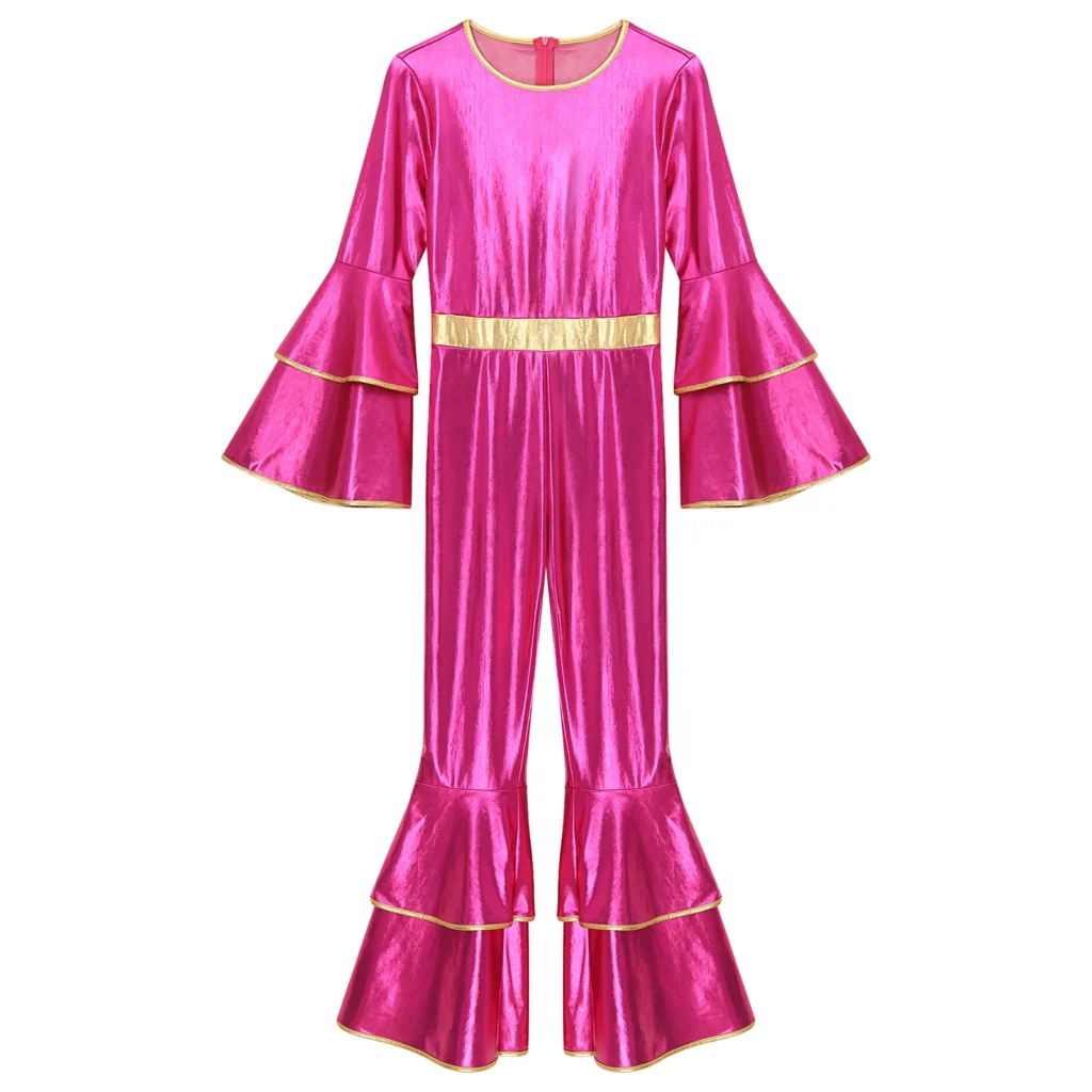 Womens 70S Disco Vintage Jumpsuit Metallic Shiny Flare Sleeve Bodysuit Hippie Bell Bottom Jazz Dance Carnival Rave Party Costume 5