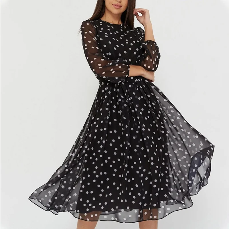 2026 Vintage Fashion Long Sleeve O-neck Chiffon Women Dress Autumn Polka Dot Print Elegant Dresses Spring Casual Evening Dress 2