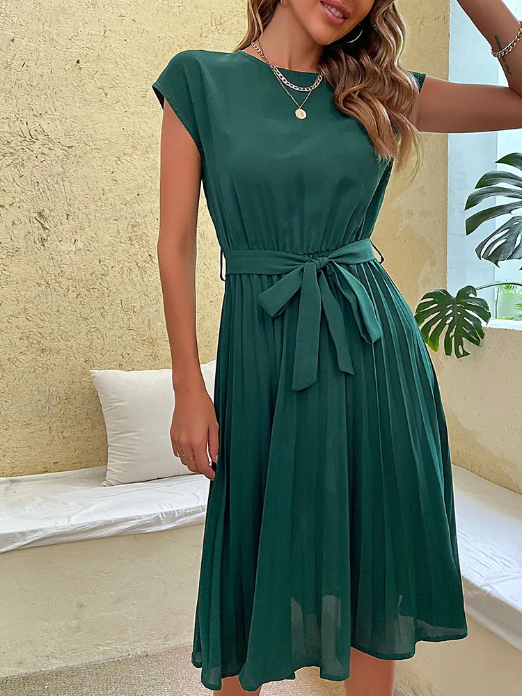 Elegant Women Summer Casual Beach Sundress Short Sleeve Pleated Midi Dress Soild Colour O Neck Tunic Dresses Fashion 2