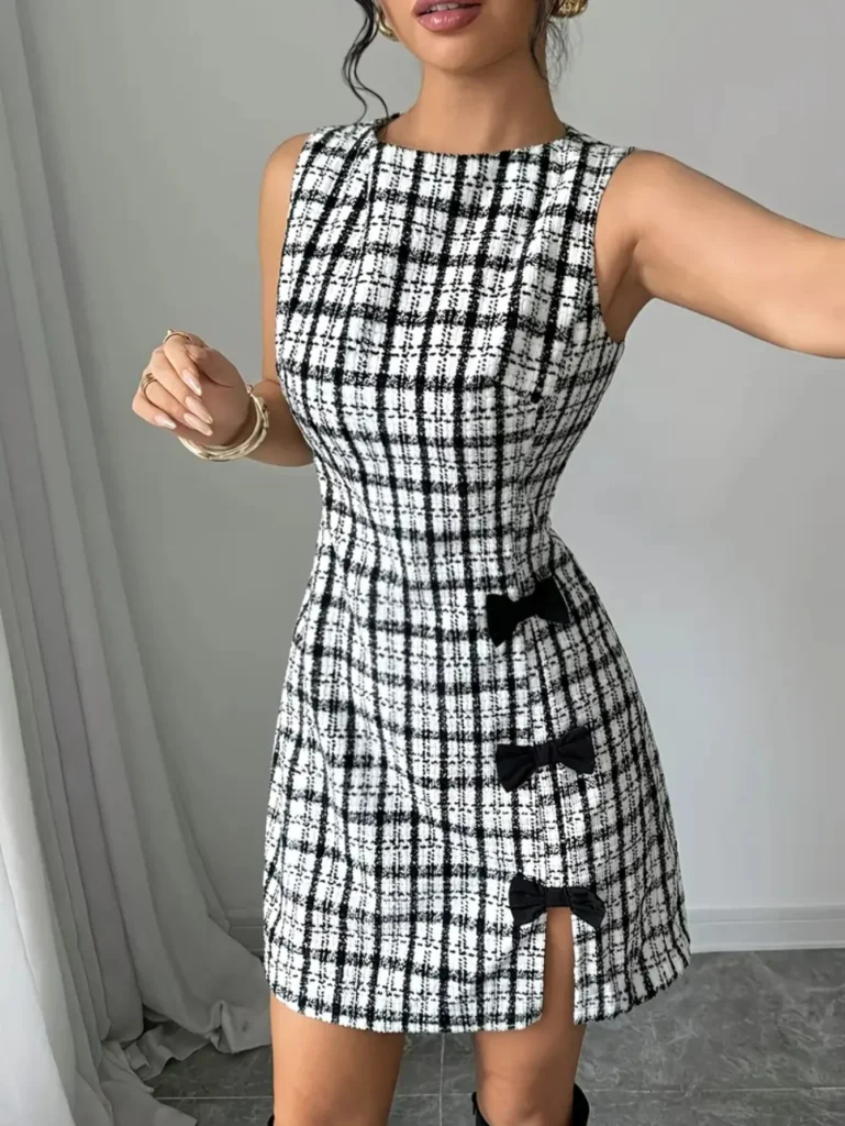 Women Round Neck Sleeveless Plaid Mini Dress Bow Decor Slit Hem Bodycon Dress For Party Daily Occasion 3