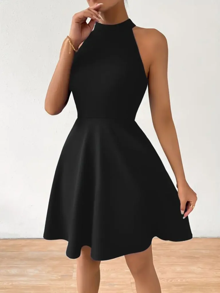 Slim Fit Hanging Neck Sleeveless Off-the-Shoulder A-Line Short Skirt Waist Cinched Dress for Women 3
