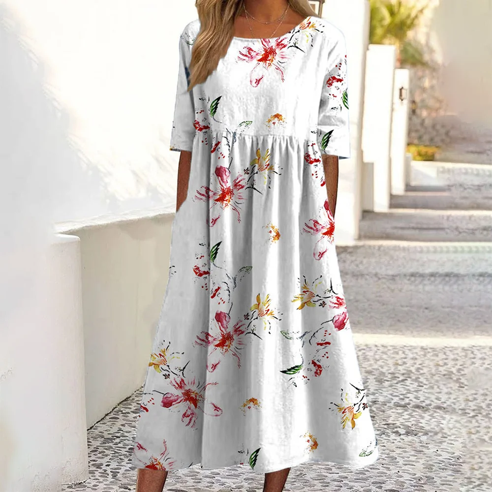 2026Summer New Arrival Women's Casual Crew Neck Pocket Short Sleeve Printed Dress 3