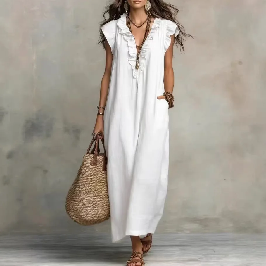 2026 Summer Women Boho Cotton Linen Maxi Dress Solid Color Ruffle V Neck Sleeveless Loose Long Dresses With Pockets Casual Beach 2