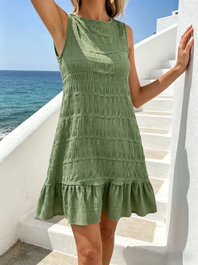 Women's Sage Green Textured Smocked Sleeveless Back Bow Tie Ruffle Hem Mini Dress Casual Beach Vacation Sundress 2