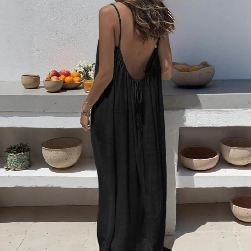 2026 Loose-Fit Spaghetti Strap Dress Women's Casual Homewear Summer Dress Solid-Color Vacation Cool Homewear 4