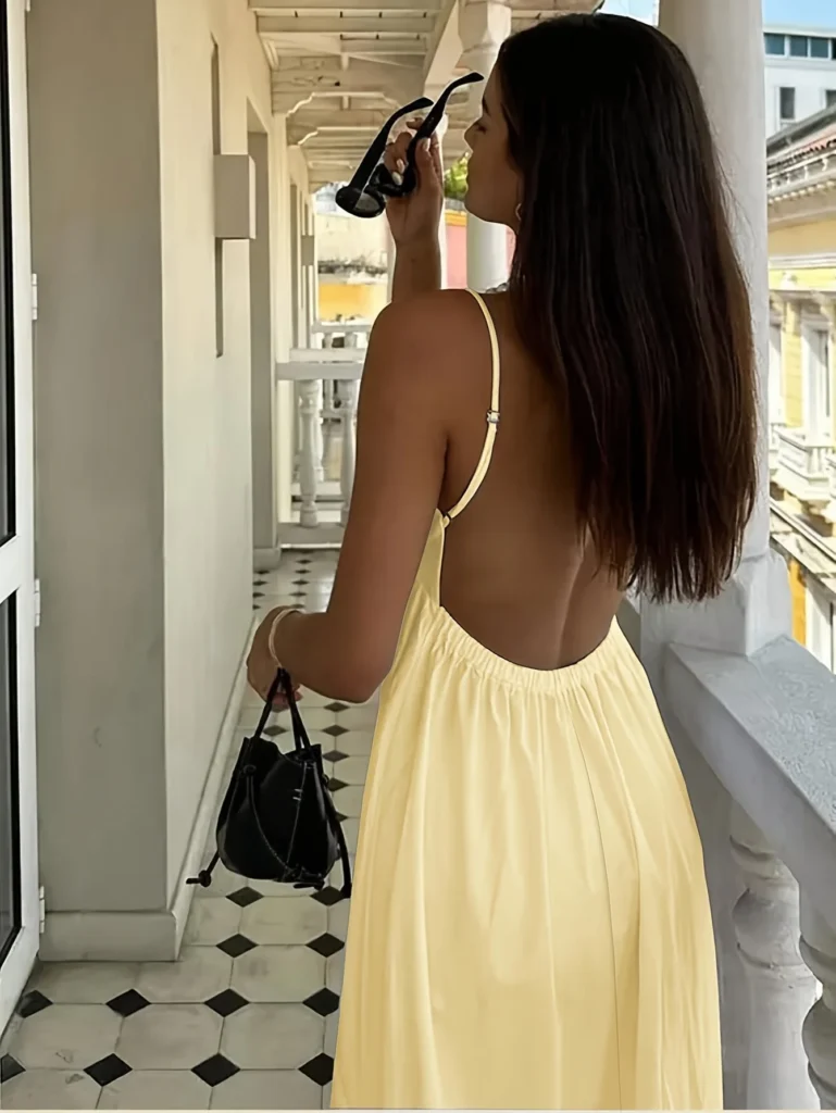 Women's Summer Vacation Solid Color Backless Thin Strap Dress 2