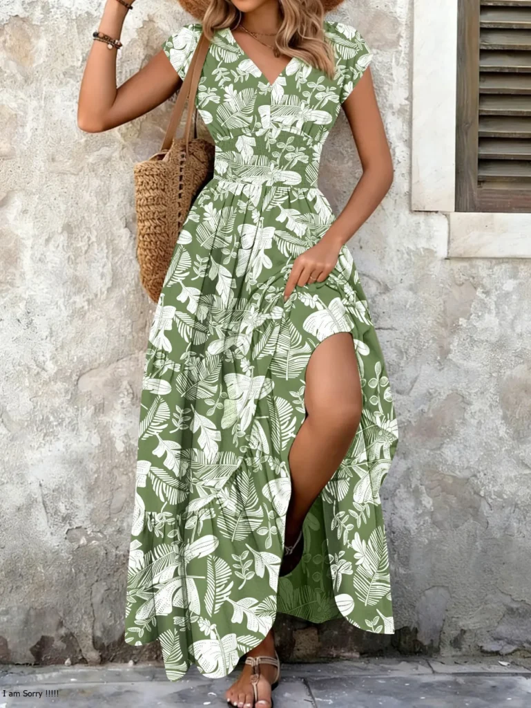 2026 Vintage Floral Print Dress Elegant V-Neck Short Sleeve Long Women's Fashion Retro Gown 5