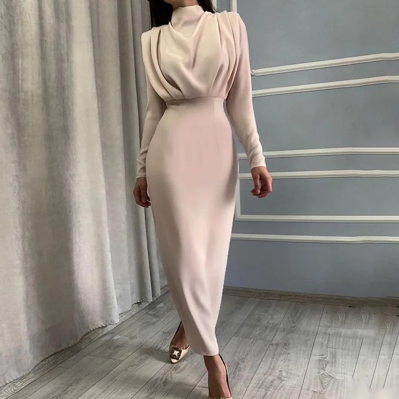 Women's Spring New Dresses with European and American Temperament, Waist Wrapped Solid Color Skirt, Long Sleeves, Round Neck 1