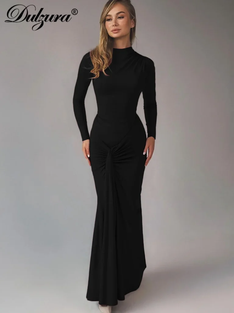 Dulzura Autumn Solid Elegant O-Neck Long Sleeve Ruched Slim Lace Up Long Dress Women'S Fashion Casual Clothes Party Club Outfit 4