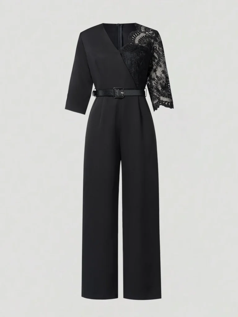 Women V Neck Lace Patchwork 3/4 Sleeve Jumpsuit With Belt High Waist Wide Leg Formal Evening Party Long Romper 5